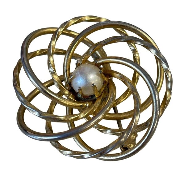 Vintage Gold & Silver Tone Swirl Brooch With Faux Pearl Center - Picture 1 of 4